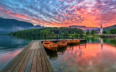 ボヒンジ湖, 夕日, HDR, 美しい自然, スロベニア, 欧州, スロヴェニアの自然