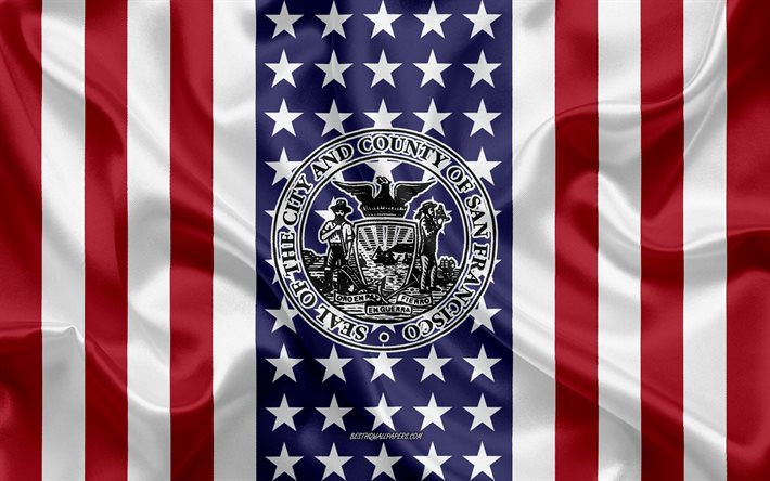S&#227;o Francisco De Veda&#231;&#227;o, 4k, textura de seda, Bandeira Americana, EUA, San Francisco, Calif&#243;rnia, Cidade Americana, Selo do s&#227;o Francisco, seda bandeira