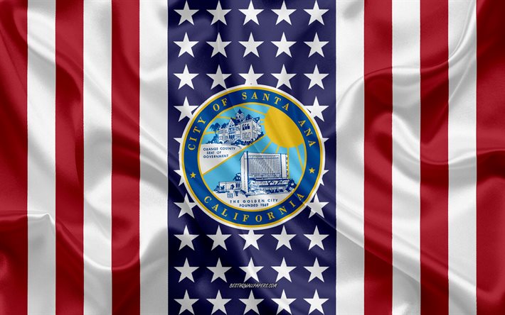 Santa Ana Selo, 4k, textura de seda, Bandeira Americana, EUA, Santa Ana, Calif&#243;rnia, Cidade Americana, Selo do Santa Ana, seda bandeira