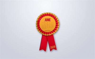 2020 juni kalender, rote seide ribbon sign, 2020-sommer-kalender, juni, seide, abzeichen, grauer hintergrund, juni 2020 kalender