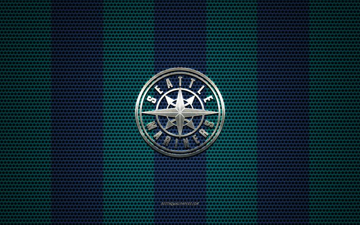 Seattle Mariners logo, American baseball club, metal emblem, blue black metal mesh background, Seattle Mariners, MLB, Seattle, Washington, USA, baseball