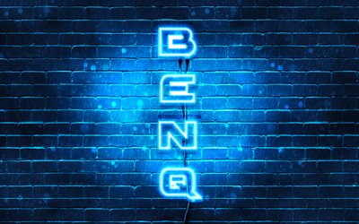 4k, benq blaue logo, vertikaler text, blau brickwall, benq neon-logo, kreativ, benq-logo, artwork, benq