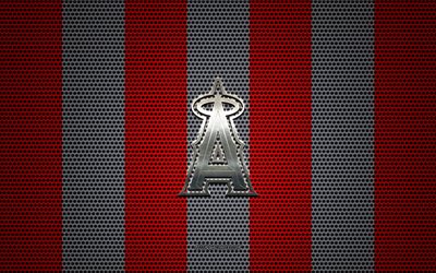 Los Angeles Angels logotyp, Amerikansk baseball club, metall emblem, r&#246;d vit metalln&#228;t bakgrund, Los Angeles Angels, MLB, Anaheim, Kalifornien, USA, baseball