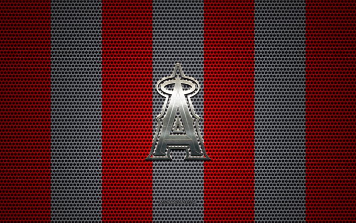 Los Angeles Angels logo, American baseball club, metal emblem, red white metal mesh background, Los Angeles Angels, MLB, Anaheim, California, USA, baseball