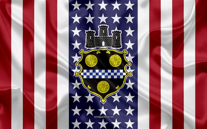 Pittsburgh Selo, 4k, textura de seda, Bandeira Americana, EUA, Pittsburgh, Pensilv&#226;nia, Cidade Americana, Selo de Pittsburgh, seda bandeira
