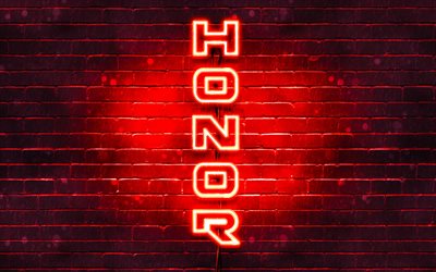 4K, Honor red logo, vertical text, red brickwall, Honor neon logo, creative, Honor logo, artwork, Honor