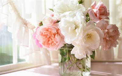 pink rose, bokeh, roses in vase, pink flowers, beautiful flowers, vase with roses, bouquet of roses, roses