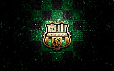 Sassuolo FC, glitter, logo, Serie A, verde, nero, sfondo a scacchi, calcio, US Sassuolo calcio italiano di club, Sassuolo logo, mosaico, arte, Italia