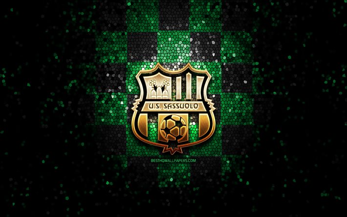 Sassuolo FC, glitter logo, Serie, yeşil siyah damalı arka plan, futbol, Sassuolo BİZİ, İtalyan Futbol Kul&#252;b&#252;, Sassuolo logo, mozaik sanatı, İtalya