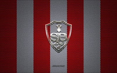 29 Stade Brestois 29 logo, Fransız Futbol Kul&#252;b&#252;, metal amblem, beyaz-kırmızı metal &#246;rg&#252; arka plan, Stade Brestois 1 İzle, Brest, Fransa, futbol