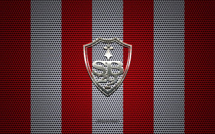 Stade Brestois 29-logo, Ranskan football club, metalli-tunnus, valkoinen-punainen metalli mesh tausta, Stade Brestois 29, League 1, Brest, Ranska, jalkapallo