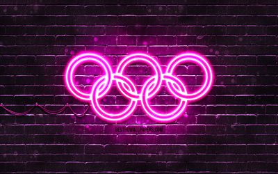 Lila Olympiska Ringar, 4k, lila brickwall, Olympiska ringar tecken, olympiska symboler, Neon Olympiska ringar, Olympiska ringar