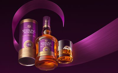 Sterling Reserve Blend 10, whiskey, purple background, different drinks, Scottish whiskey, Sterling Reserve