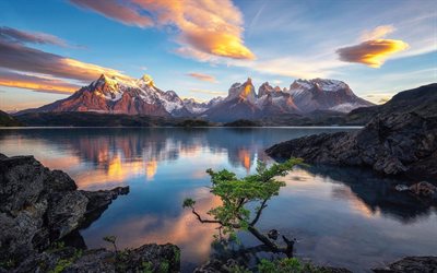 mountain landscape, Andes, sunset, evening, coast, mountains, South America