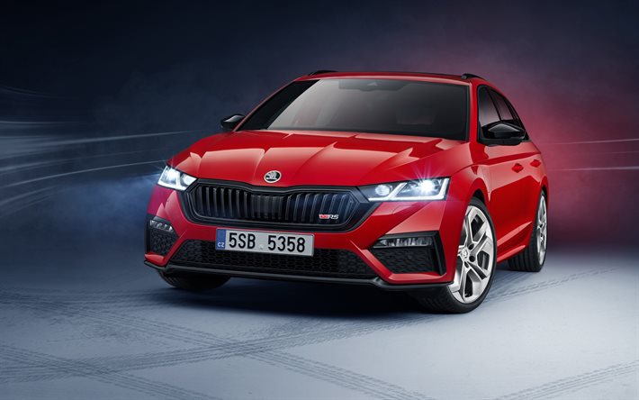 Skoda Octavia RS iV Combi, 2020, 4K, front view, exterior, red station wagon, new red Octavia RS Combi, Czech cars, red Octavia A8 Combi, Skoda