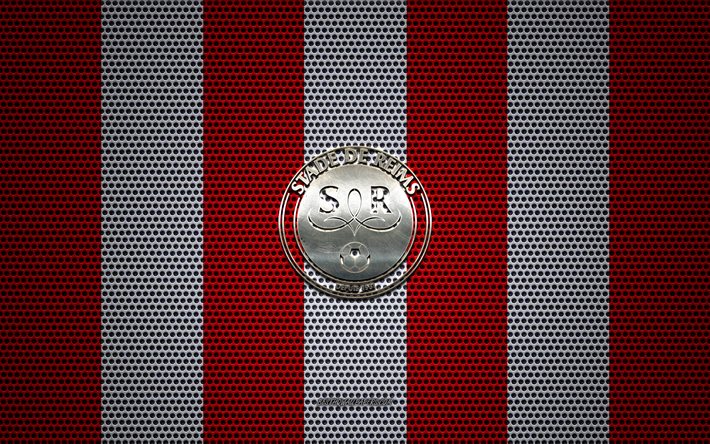 Stade de Reims logo, French football club, metal emblem, red and white metal mesh background, Stade de Reims, Ligue 1, Reims, France, football