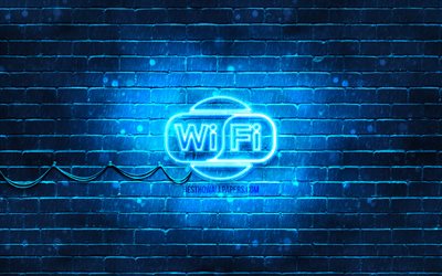 wi-fi blaues schild, 4k, blau brickwall, wi-fi zeichen -, grafik -, wi-fi leuchtreklame, wi-fi