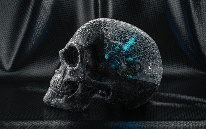 Kafatası 3d kafatası, karbon modeli, yapay zeka kavramları, kafatası, yaratıcı sanat