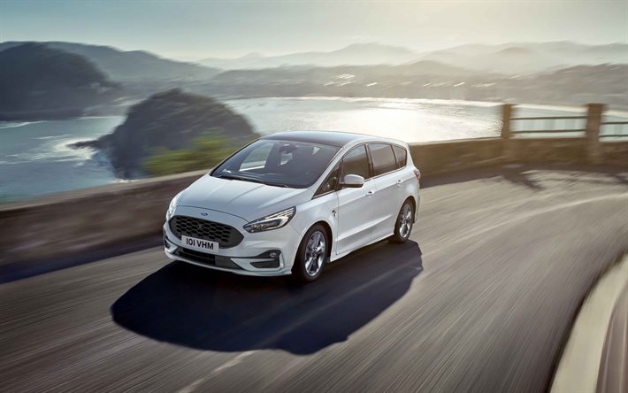 Ford S-Max, 2020, exterior, front view, new white S-Max, white minivan, american cars, Ford