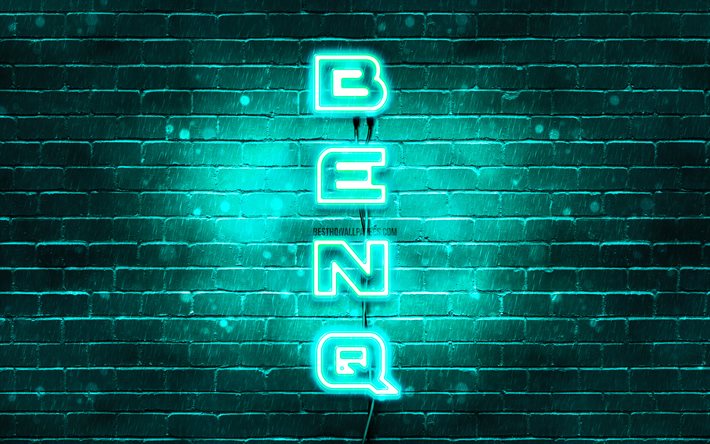4k, benq t&#252;rkis logo, vertikaler text, t&#252;rkis brickwall, benq neon-logo, kreativ, benq-logo, artwork, benq