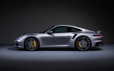 Porsche 911 Turbo S, 2021, side view, silver sports coupe, sports car, new silver 911 Turbo S, German sports cars, Porsche