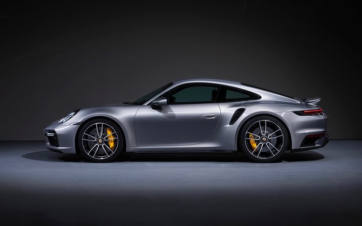 Porsche 911 Turbo S, 2021, sivukuva, hopea urheilu coupe, urheiluauto, uusi hopea 911 Turbo S, Saksan urheilu autoja, Porsche