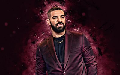 4k, Drake, canadian rapper, purple neon ligns, music stars, Aubrey Drake Graham, creative, Drake 4K