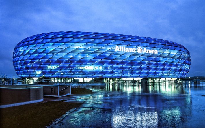Allianz Arena, blue backlight, Munich, Germany, football stadium, Bundesliga, football, sports arenas, Bavaria Munich stadium
