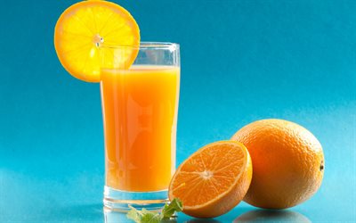 orange juice, citruses, oranges, glass with juice, fruit juice, mint, juice