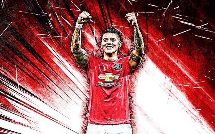 4K, Marcos Rojo, grunge art, Manchester United FC, argentine footballers, Premier League, Faustino Marcos Alberto Rojo, red abstract rays, soccer, football, Man United, Marcos Rojo 4K