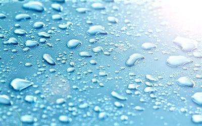 water drops texture, 4k, macro, drops on glass, blue backgrounds, drops patterns, water drops, water backgrounds, drops texture, water, drops on blue background