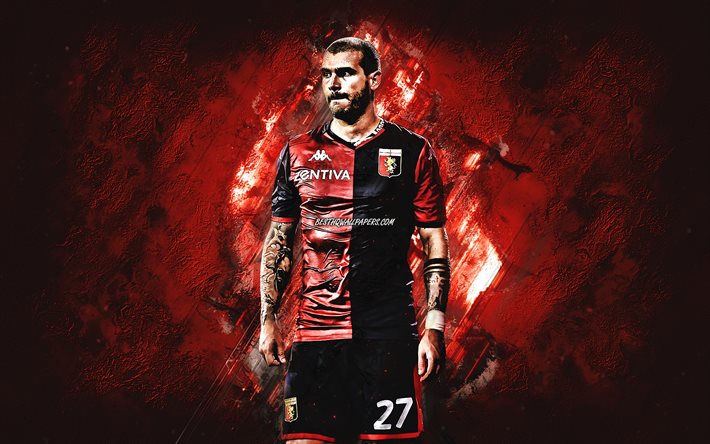 Stefano Sturaro, Genoa CFC, italian soccer player, midfielder, portrait, Serie A, Italy, red stone background, creative art, football