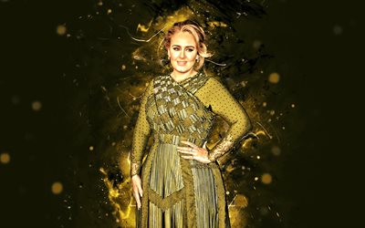 4k, Adele, 2020, british celebridad, luces de ne&#243;n verdes, estrellas de la m&#250;sica, Adele Laurie Blue Adkins, el cantante brit&#225;nico, superestrellas, Adele 4K