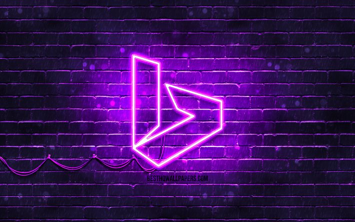リビング紫ロゴ, 4k, 紫brickwall, ビングロゴ, ブランド, リビングのネオンのロゴ, リビング