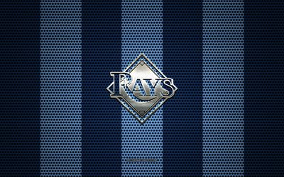 Tampa Bay Rays logo, American baseball club, metal emblem, blue metal mesh background, Tampa Bay Rays, MLB, St Petersburg, Florida, USA, baseball