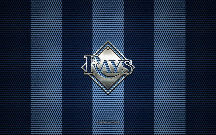 tampa bay rays logo, american baseball club -, metall-emblem, blau-metallic mesh-hintergrund, tampa bay rays mlb, st petersburg, florida, usa, baseball