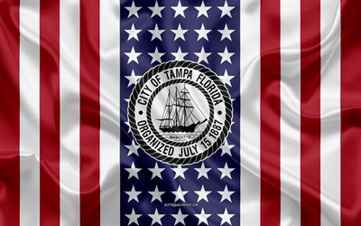 Tampa Tiiviste, 4k, silkki tekstuuri, Amerikan Lippu, USA, Tampa, Florida, Amerikkalainen Kaupunki, Sinetti Tampa, silkki lippu