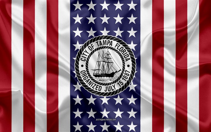 タンパシール, 4k, シルクの質感, アメリカのフラグ, 米国, タンパ, フロリダ, アメリカの市, シールをタンパ, 絹の旗を