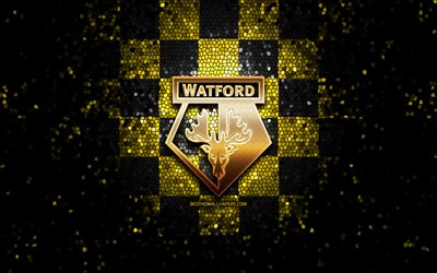 Watford FC, glitter, logo, Premier League, nero, giallo, sfondo a scacchi, calcio, FC Watford, club di calcio inglese, Watford, mosaico, arte, Inghilterra