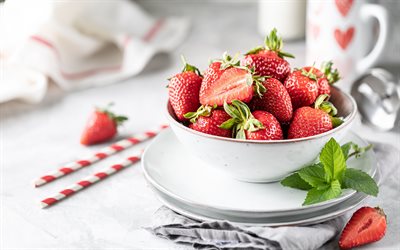 strawberries, berries, fruits, plate with strawberries, summer, healthy food