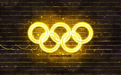 Yellow Olympic Rings, 4k, yellow brickwall, Olympic rings sign, olympic symbols, Neon Olympic rings, Olympic rings