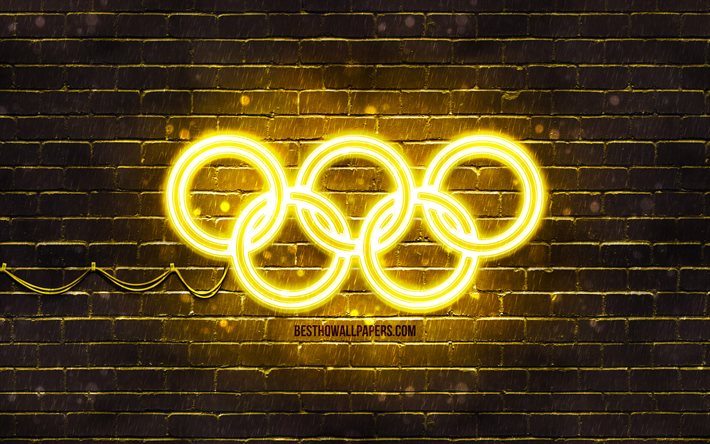 黄色のオリンピックリング, 4k, 黄brickwall, オリンピックのリサイン, オリンピック記号, ネオンオリンピックリング, オリンピックリング