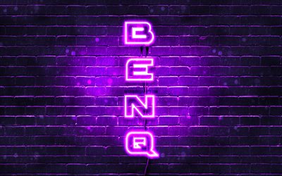 4K, BenQ mor logo, dikey metin, mor brickwall, BenQ neon logo, yaratıcı, BenQ logo, resimler, BenQ