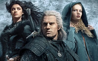 The Witcher, 2020, 4k, poster, promozionale, materiali, serie televisiva, Henry Cavill, Geralt di Rivia, Freya Allan, Cirilla, Anya Chalotra