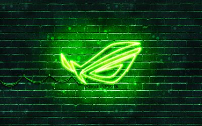 ROG green logo, 4k, green brickwall, Republic Of Gamers, ROG logo, brands, ROG neon logo, ROG