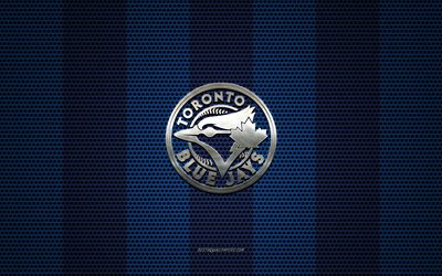 toronto blue jays-logo, kanadische baseball-club, metall-emblem, blau-metallic mesh-hintergrund, toronto blue jays, mlb, toronto, ontario, kanada, usa, baseball