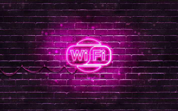 Wi-Fi p&#250;rpura signo, 4k, p&#250;rpura brickwall, Wi-Fi signo, obras de arte, Wi-Fi letrero de ne&#243;n, Wi-Fi