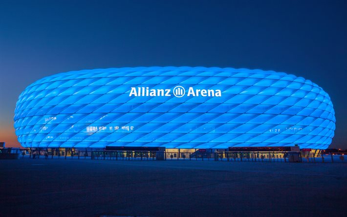 Allianz Arena, esterno, sera, tramonto, tedesco stadio di calcio, Monaco di baviera, in Germania, Bundesliga, Bayern Monaco stadium, moderni impianti sportivi