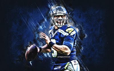 Russell Wilson, Seattle Seahawks, NFL, Amerikansk fotboll, quarterback, portr&#228;tt, bl&#229; sten bakgrund, National Football League, USA