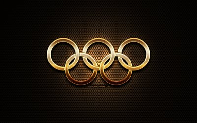 Kultaiset olympiarenkaat, gold glitter renkaat, kuvitus, metalli ruudukon tausta, luova, olympic symbolit, Kulta Olympiarengasta